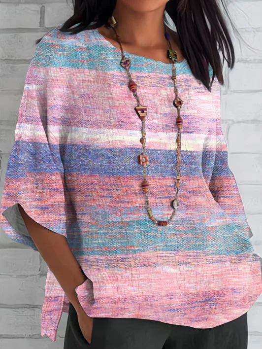 Shawl Collar Half Sleeve Striped Regular Loose Blouse For Women