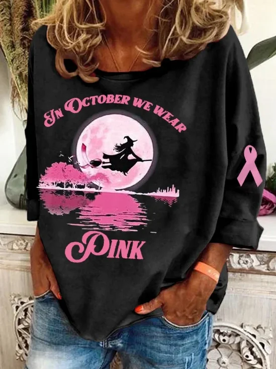 Halloween Witch Pattern Casual Pink Crew Neck Long Sleeve T-shirt