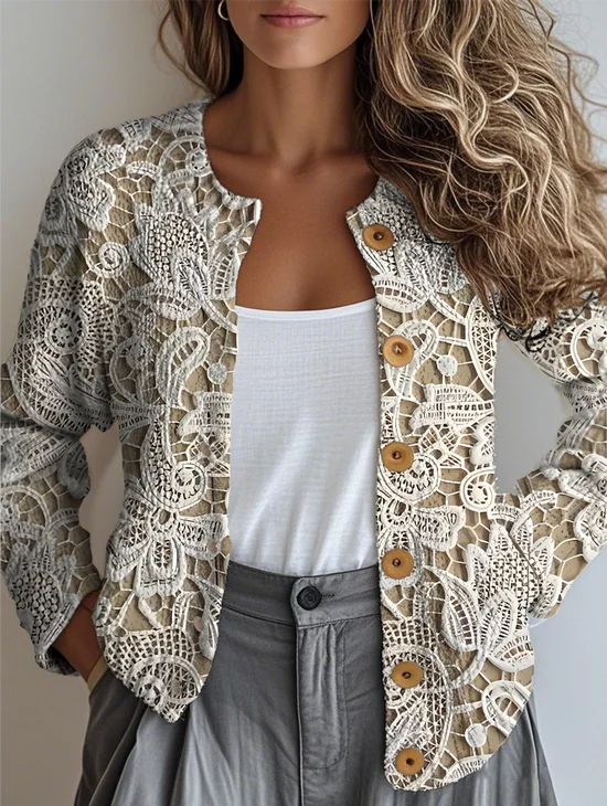 Women 3D Floral Print Long Sleeve Comfy Vintage Cardigan
