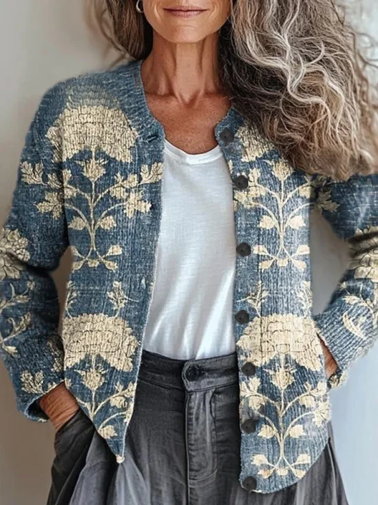 Women Floral Long Sleeve Comfy Vintage Printing Cardigan