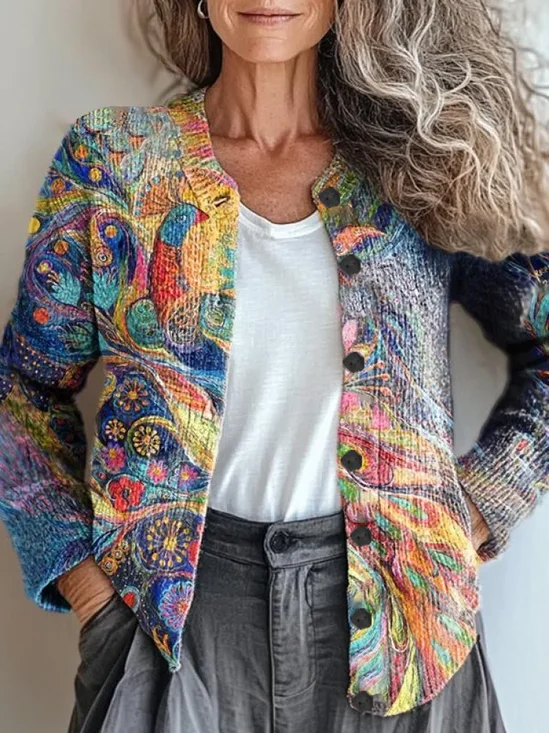 Women Abstract Long Sleeve Comfy Vintage Printing Cardigan