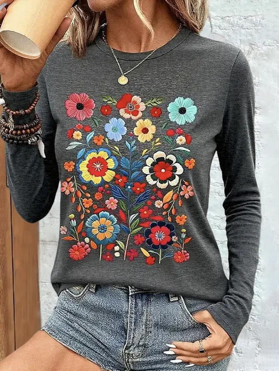 Vintage Floral Crew Neck Long Sleeve T-shirt