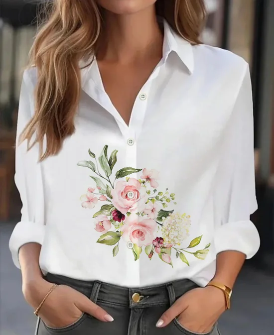 Shirt Collar Regular Sleeve Long Sleeve Floral Buckle Regular Loose Button Up Shirt Shirt For Women