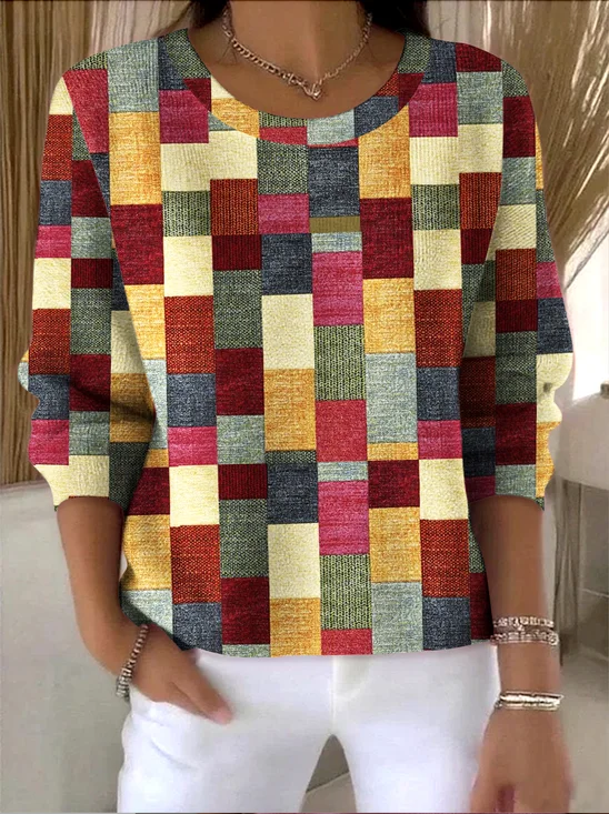 Women Cotton Geometric Long Sleeve Comfy Vintage Sweater