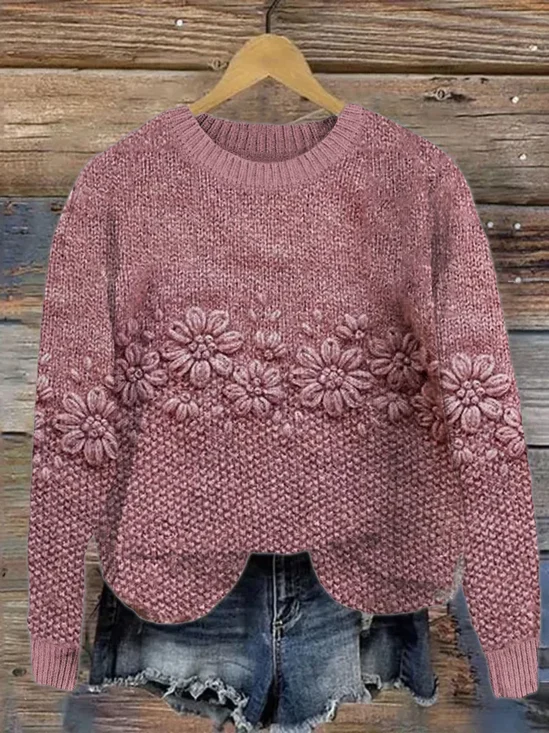 Women Knitted Floral Long Sleeve Comfy Casual Printing Sweater