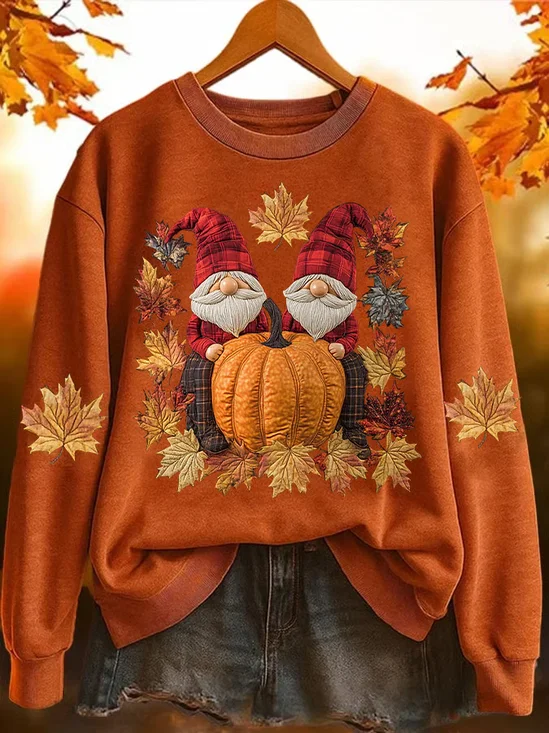 Casual Halloween Pumpkin Maple Leaf Printing Crew Neck Sweatshirt 