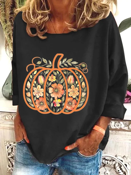 Halloween Pumpkin Print Casual Floral Crew Neck Long Sleeve T-shirt
