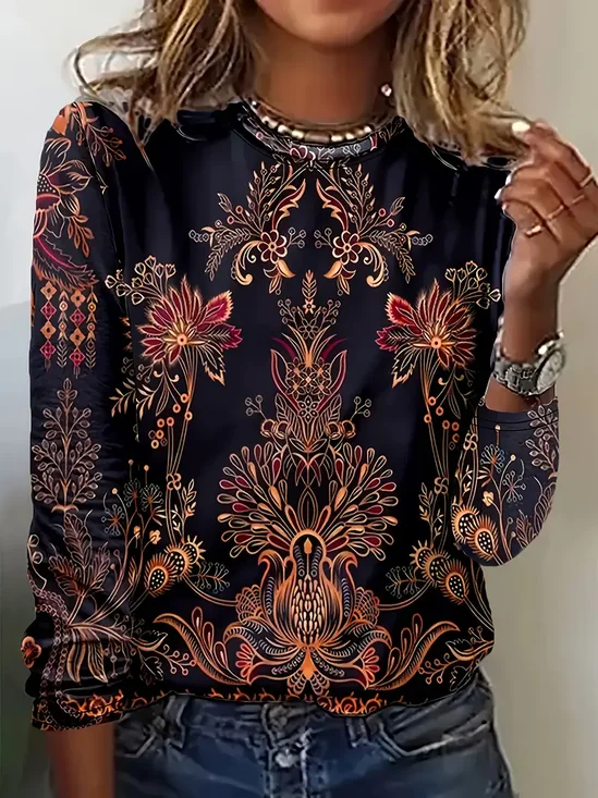 Casual Floral Crew Neck Long Sleeve T-shirt