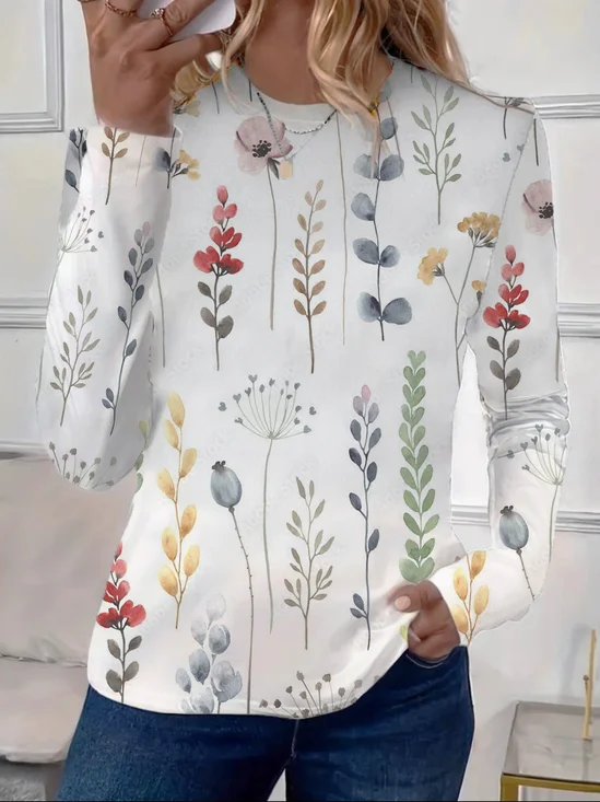 Casual Floral Crew Neck Long Sleeve T-shirt