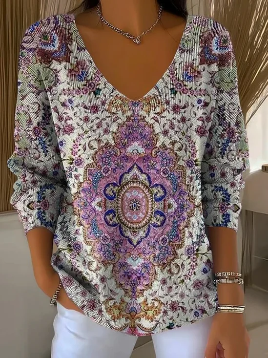 Casual Ethnic V Neck Long Sleeve T-shirt