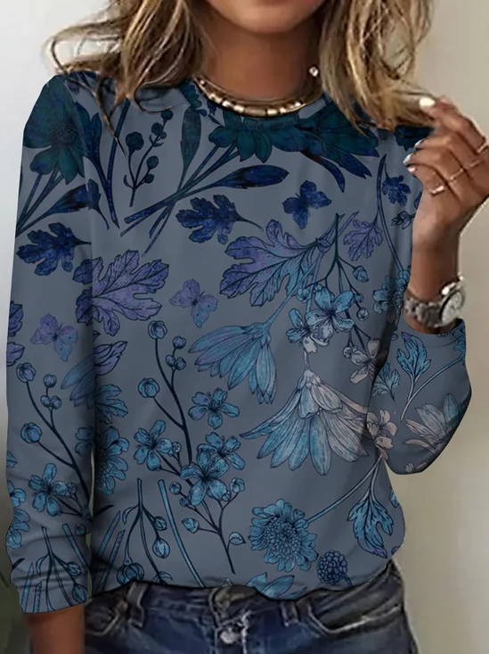 Vintage Floral Crew Neck Long Sleeve T-shirt