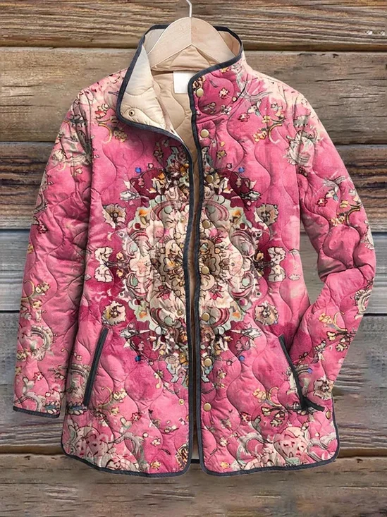 Women Winter Outerwear Vintage Printing Floral Long Sleeve Stand Collar Jacket