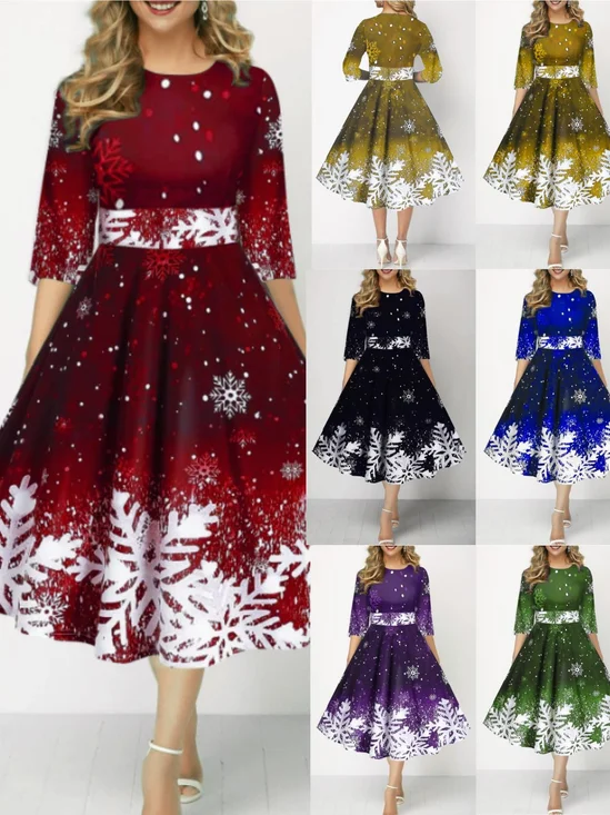 Women Christmas Spring/Fall Dress Crew Neck Three Quarter Sleeve A-Line Dress