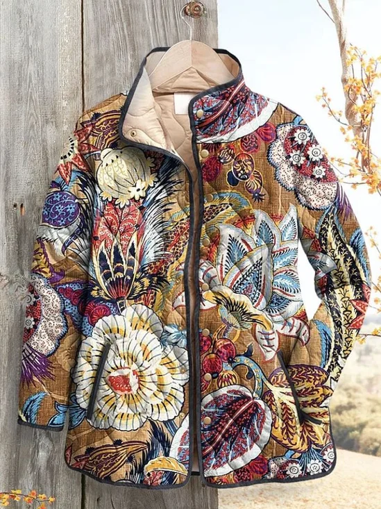 Women Winter Outerwear Vintage Printing Floral Long Sleeve Stand Collar Jacket