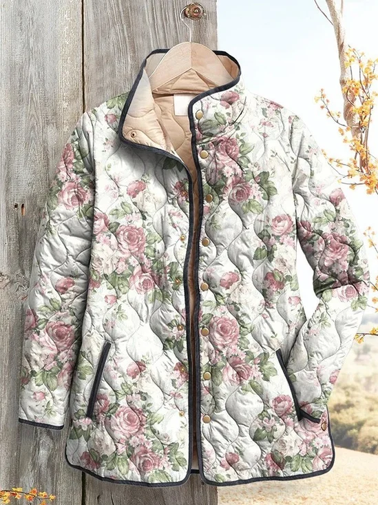 Women Winter Outerwear Vintage Printing Floral Long Sleeve Stand Collar Jacket
