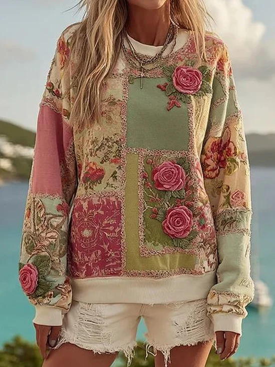 Casual Crew Neck Floral Sweatshirt