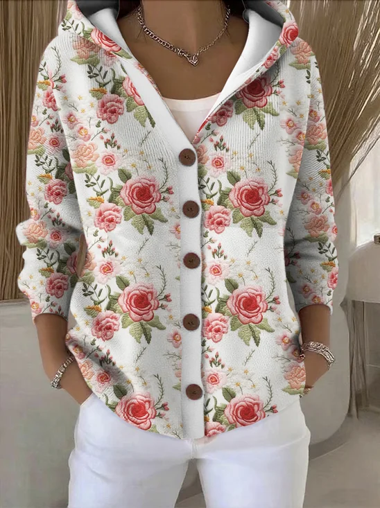 Women Cotton Floral Long Sleeve Comfy Casual Cardigan