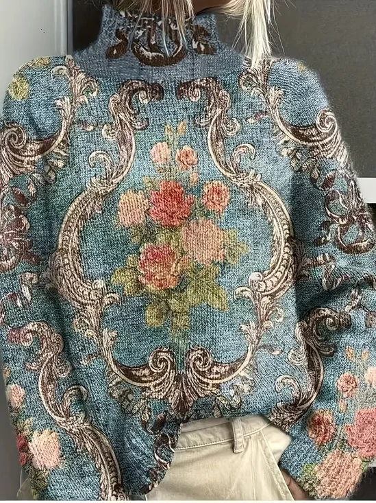 Women Floral Long Sleeve Comfy Vintage Printing Sweater