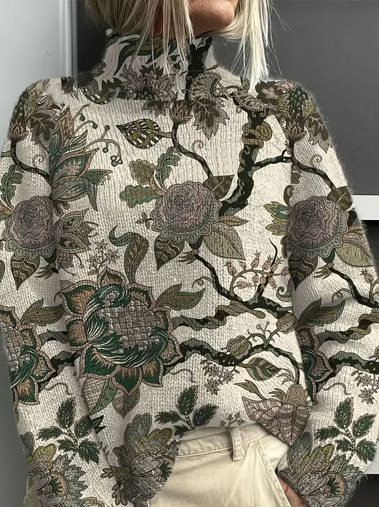 Women Floral Long Sleeve Comfy Vintage Printing Sweater