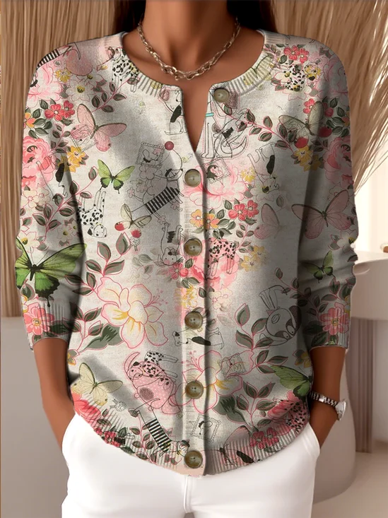 Women Knitted Floral Long Sleeve Comfy Vintage Cardigan