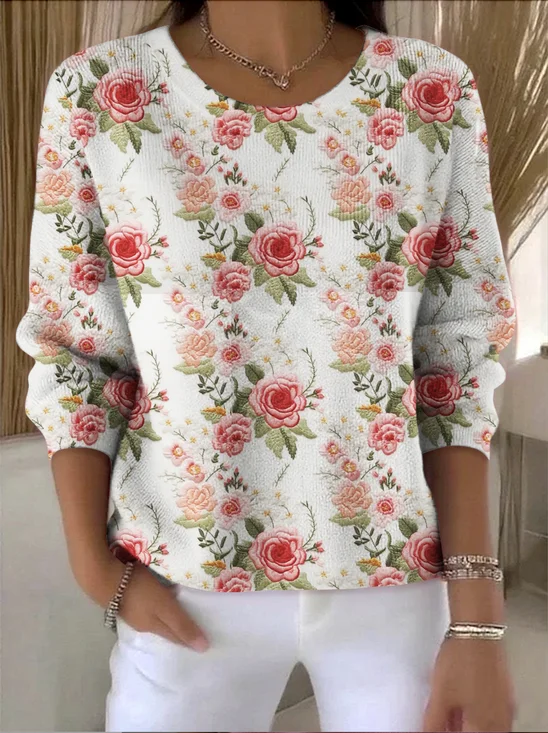 Women Cotton Floral Long Sleeve Comfy Vintage Sweater