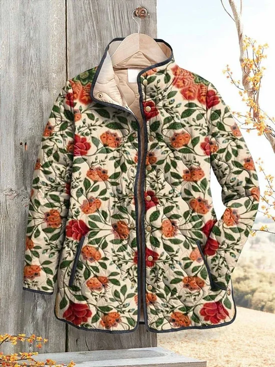 Women Winter Outerwear Vintage Printing Floral Long Sleeve Stand Collar Jacket