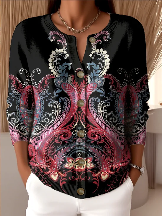 Women Knitted Paisley Long Sleeve Comfy Vintage Cardigan