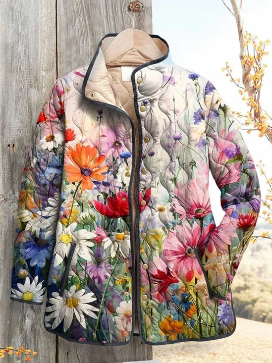 Women Winter Outerwear Vintage Printing Floral Long Sleeve Stand Collar Jacket