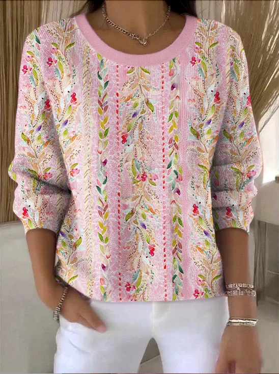 Women Cotton Floral Long Sleeve Comfy Vintage Sweater