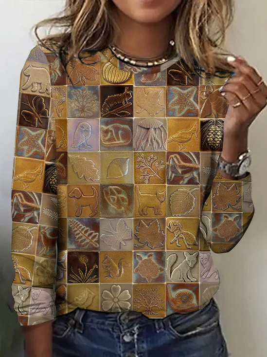 Vintage Floral Crew Neck Long Sleeve T-shirt