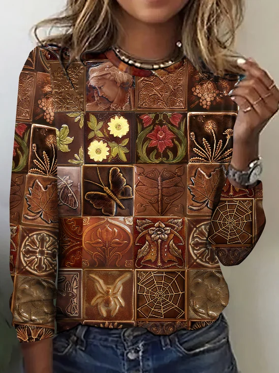 Vintage Floral Crew Neck Long Sleeve T-shirt