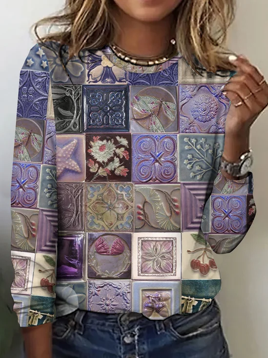 Vintage Floral Crew Neck Long Sleeve T-shirt