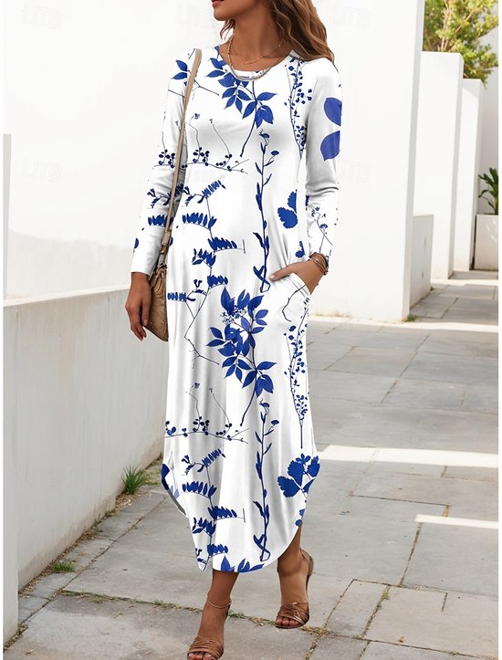 Women Floral Spring/Fall Dress Crew Neck Long Sleeve T-Shirt Dress H-Line Dress