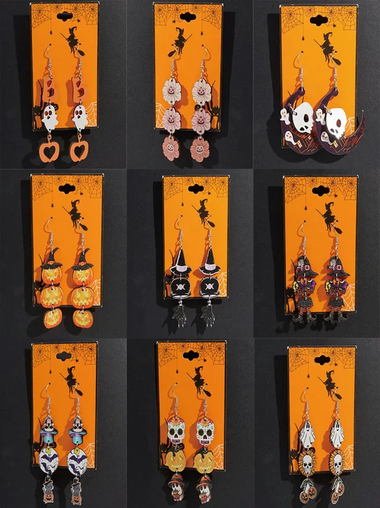 Halloween Themed Wooden Earrings Funny Cartoon Ghost Pumpkin Skull Kitten Long Pendant Party Decoration Earrings