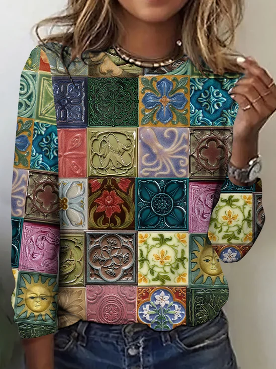 Vintage Floral Crew Neck Long Sleeve T-shirt