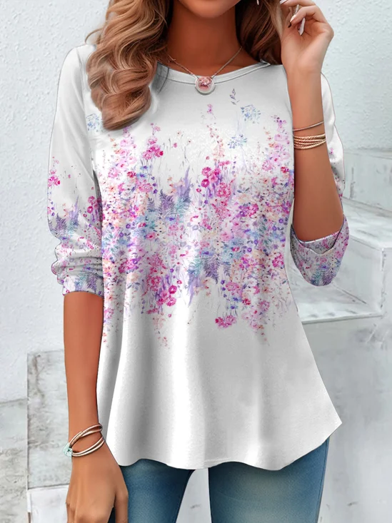 Vintage Floral Crew Neck Long Sleeve T-shirt