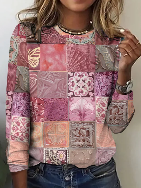 Vintage Floral Crew Neck Long Sleeve T-shirt