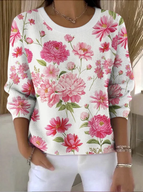Women Cotton Floral Long Sleeve Comfy Vintage Sweater