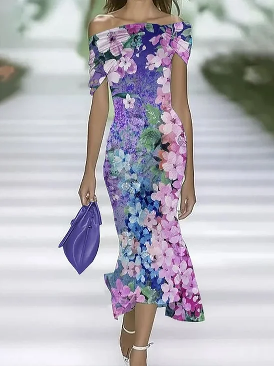 Women Floral Summer Printing Dress Cold Shoulder Cap Sleeve H-Line Dress