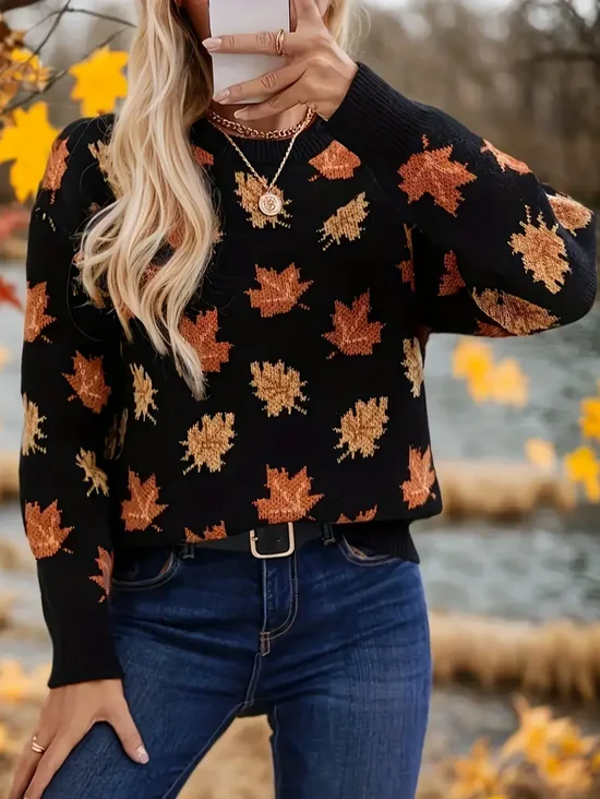 Women Maple Leaf Long Sleeve Comfy Casual Printing Sweater
