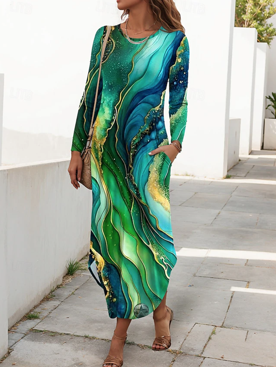 Women Striped Spring/Fall Dress Crew Neck Long Sleeve T-Shirt Dress H-Line Dress