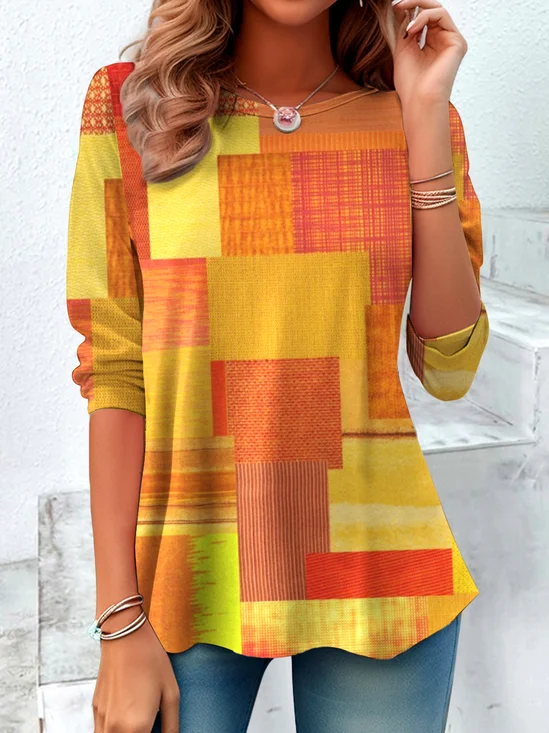 Casual Geometric Crew Neck Long Sleeve T-shirt