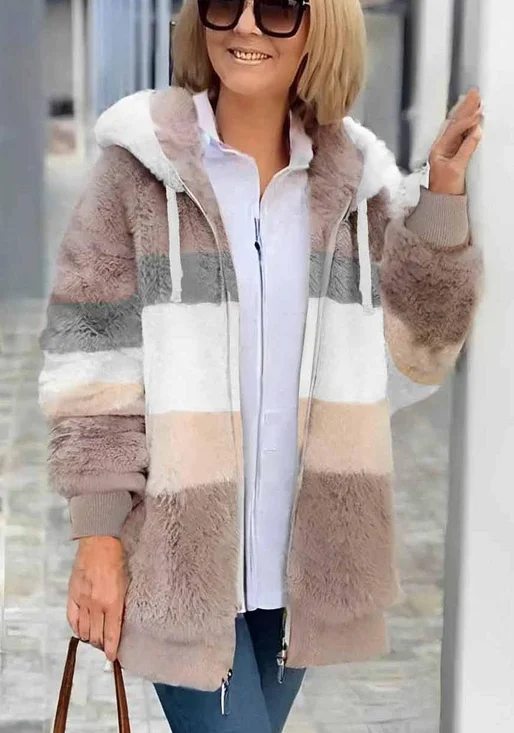Women Winter Outerwear Vintage Striped Long Sleeve Hoodie Jacket