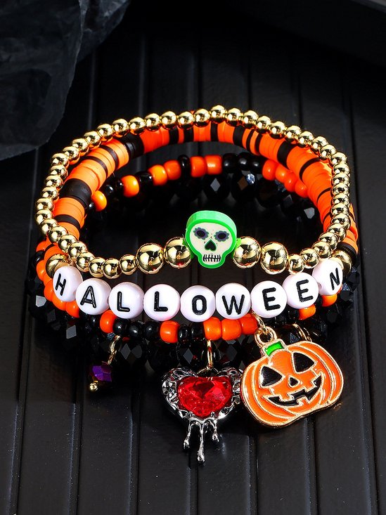 Hot Selling Orange Rice Beads Crystal Metal-plated Polymer Clay Pumpkin Skull Pendant Halloween Beaded Bracelet