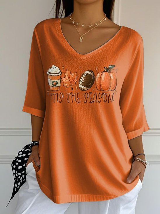 Vintage Pumpkin Pattern Crew Neck Three Quarter Sleeve T-shirt