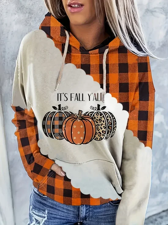 Casual Hoodie Plaid Pumpkin Printing Comfy Loose Hoodie 