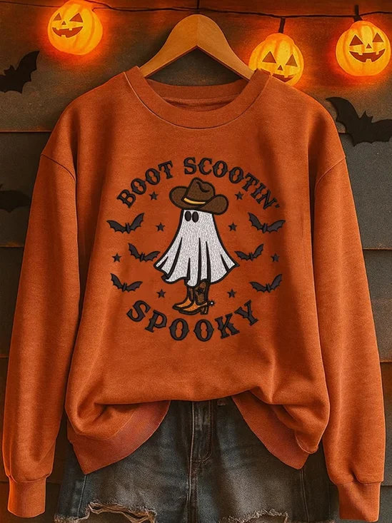 Vintage Crew Neck Halloween Cute Ghost Print Sweatshirt