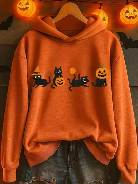 Vintage Hooded Halloween Cute Cat Art Print Hoodie