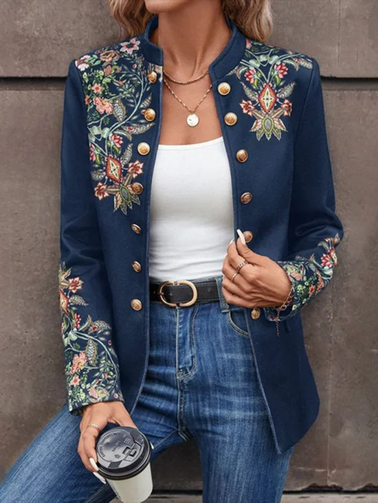 Women Winter Outerwear Vintage Floral Long Sleeve Stand Collar Jacket