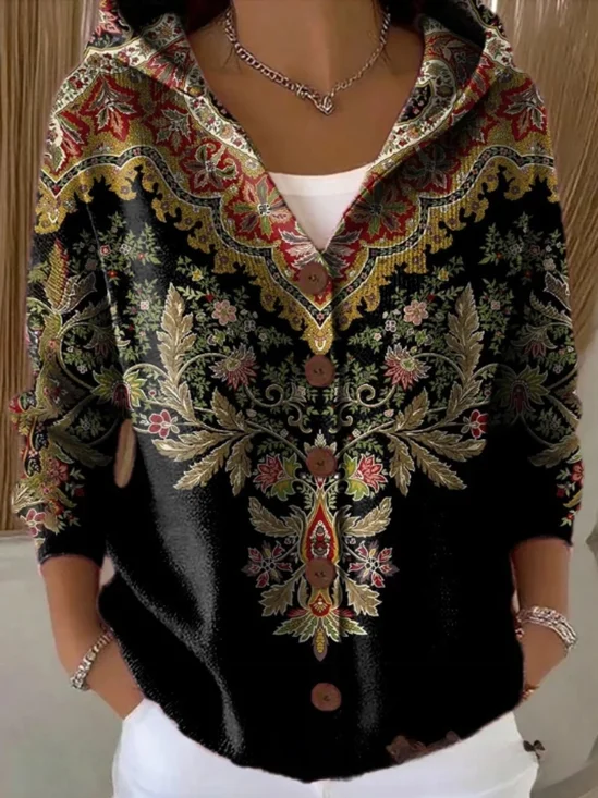 Women Cotton Floral Long Sleeve Comfy Vintage Cardigan